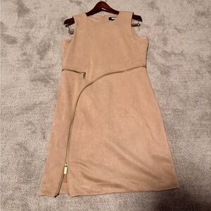 DKNY Tan Midi Sleeveless Dress with Gold Zipper Feature